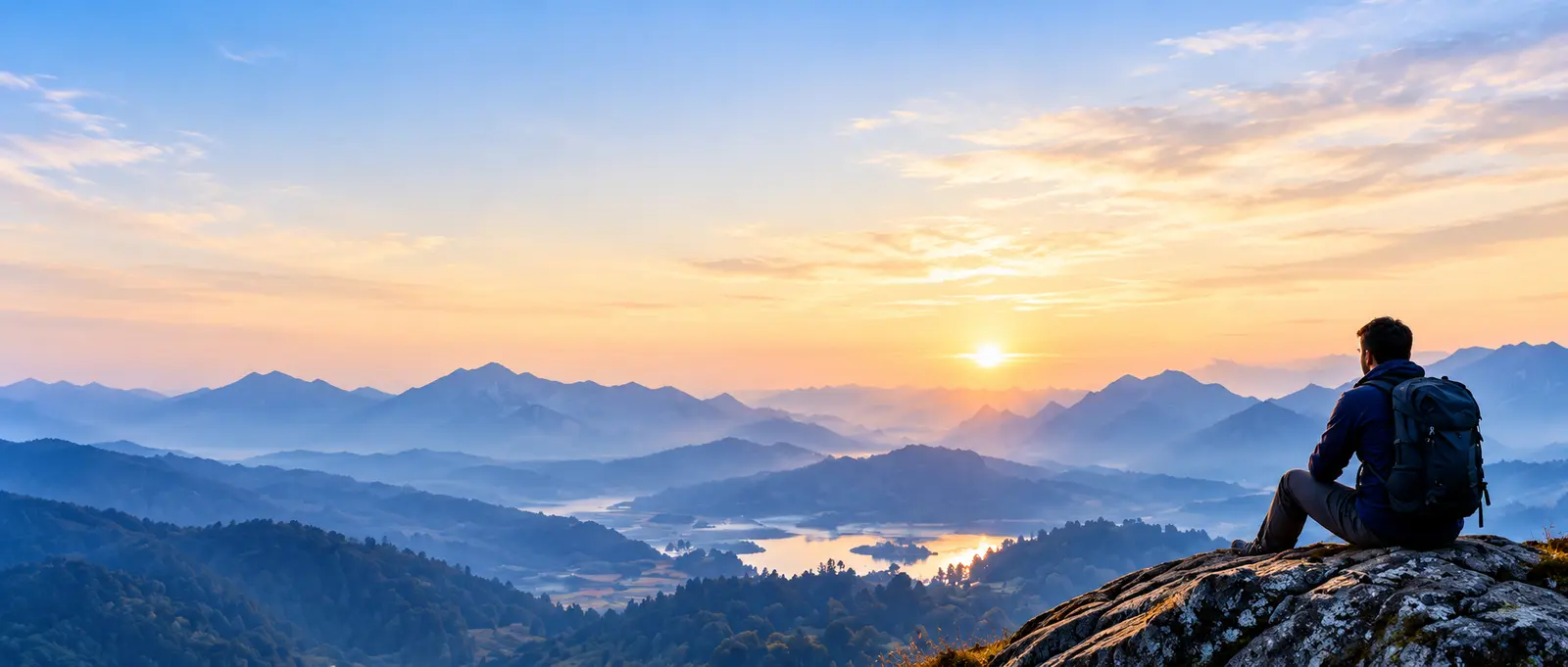 Mountain landscape at sunrise representing a calm pause before making an investment decision.